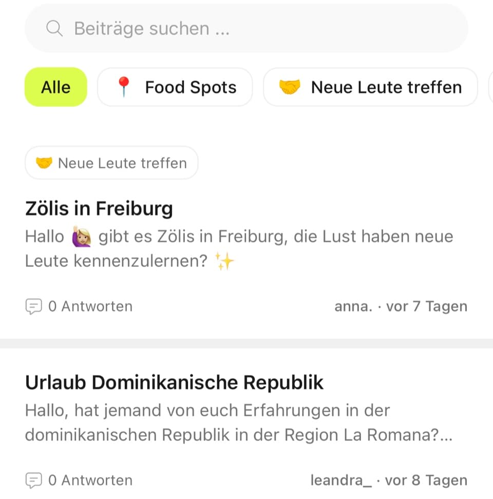 FoodQuest-Community-Feed mit Beiträgen zu Reisetipps und lokalen Treffen