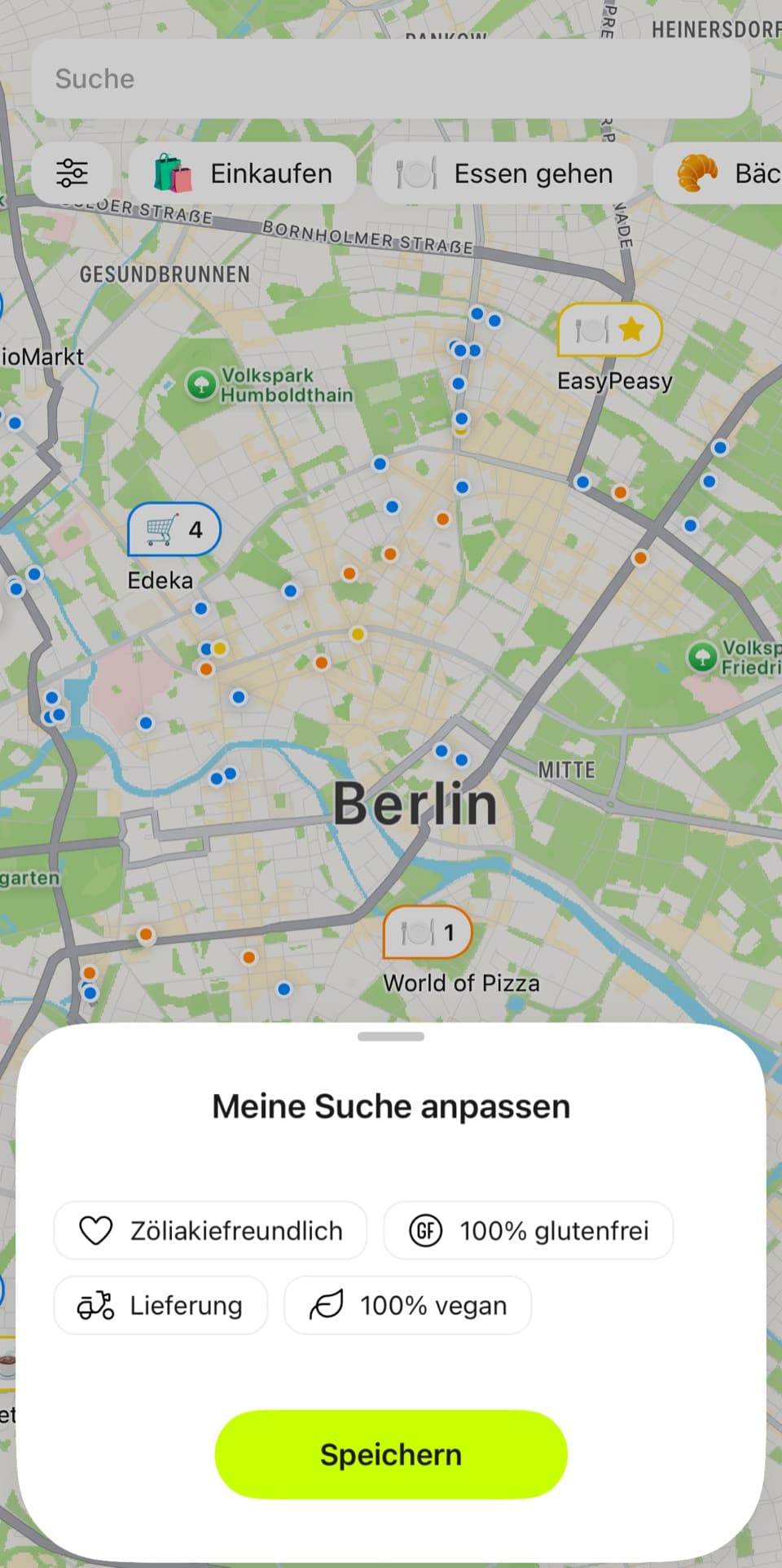 FoodQuest-Karte von Berlin mit Suchfiltern für zöliakiefreundliche und 100% glutenfreie Orte
