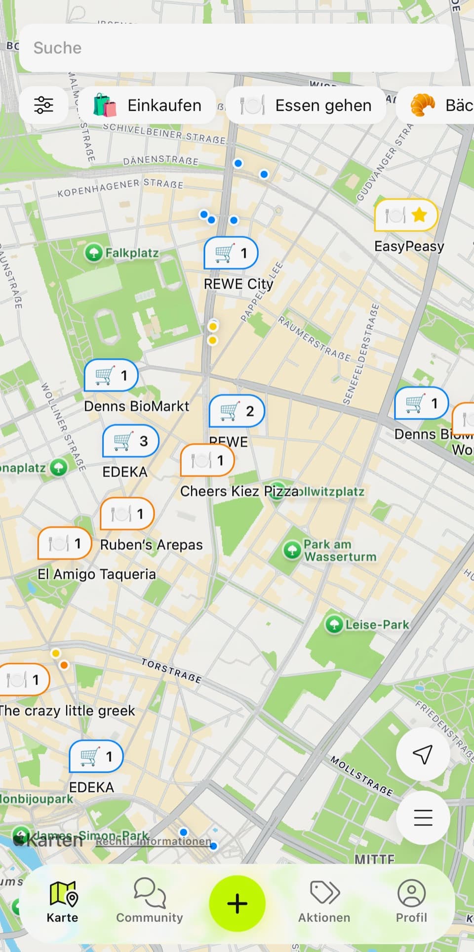 FoodQuest-Karte mit glutenfreien Bäckereien, Cafés und Supermärkten in der Nähe
