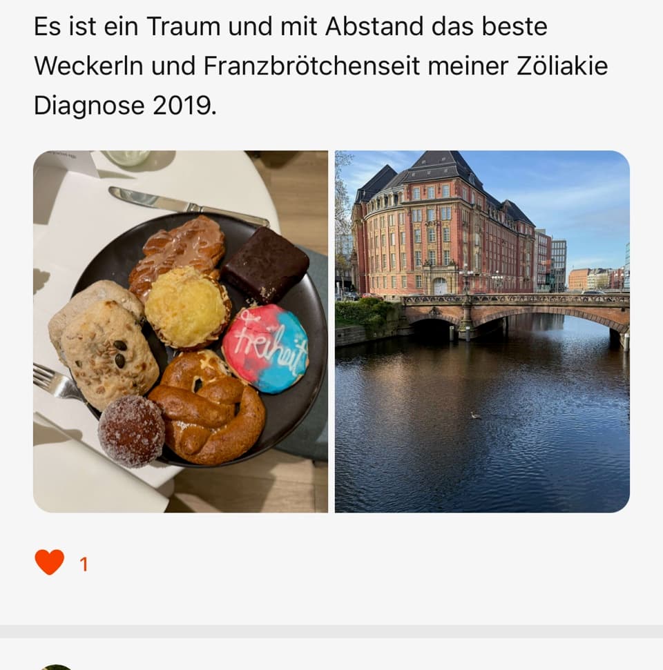 Mitglieder-Bewertung in FoodQuest mit Fotos eines glutenfreien Gebäcktellers