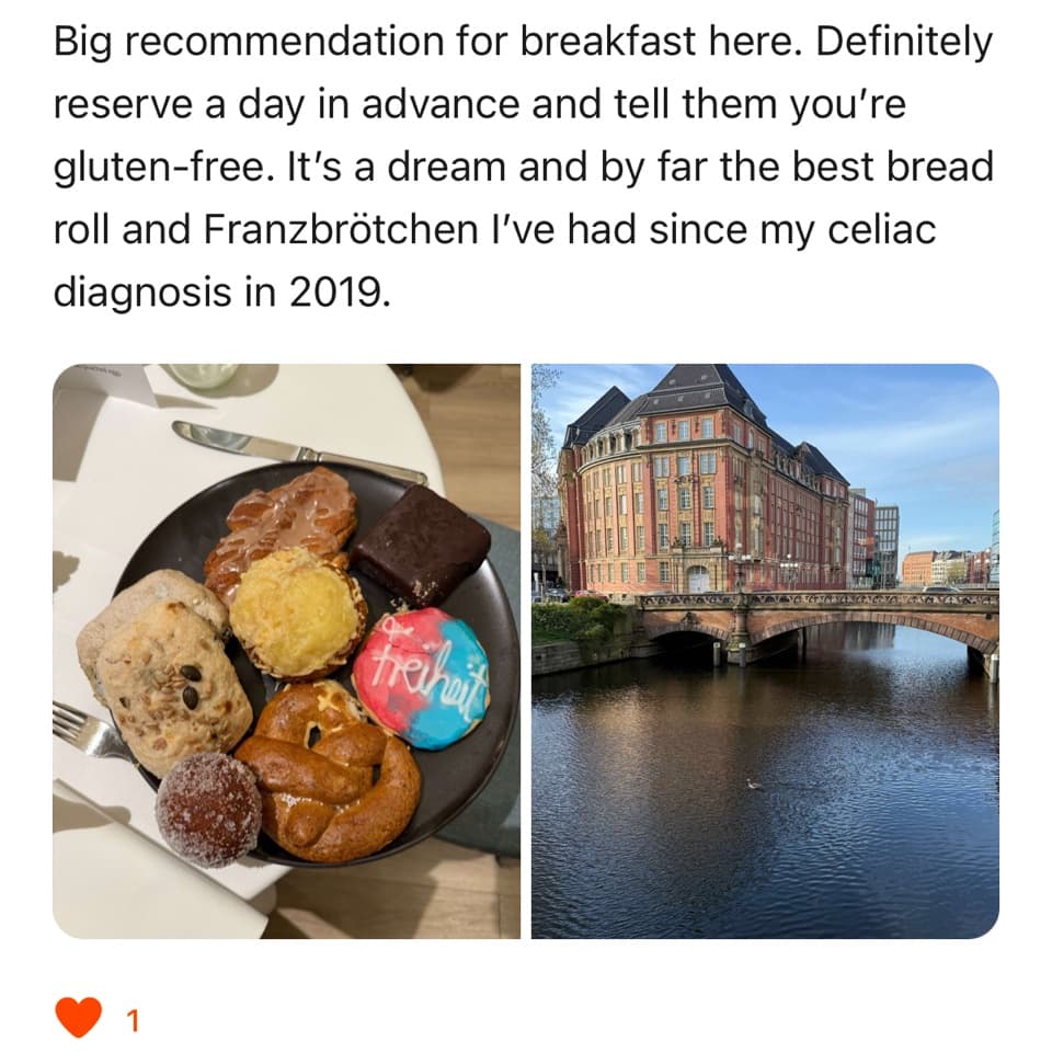 Member review in FoodQuest with photos of a gluten-free pastry plate