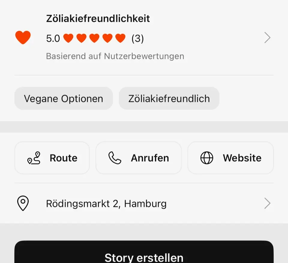 Orts-Seite in FoodQuest mit einer Zöliakiefreundlichkeit von 5,0, bewertet von Mitgliedern
