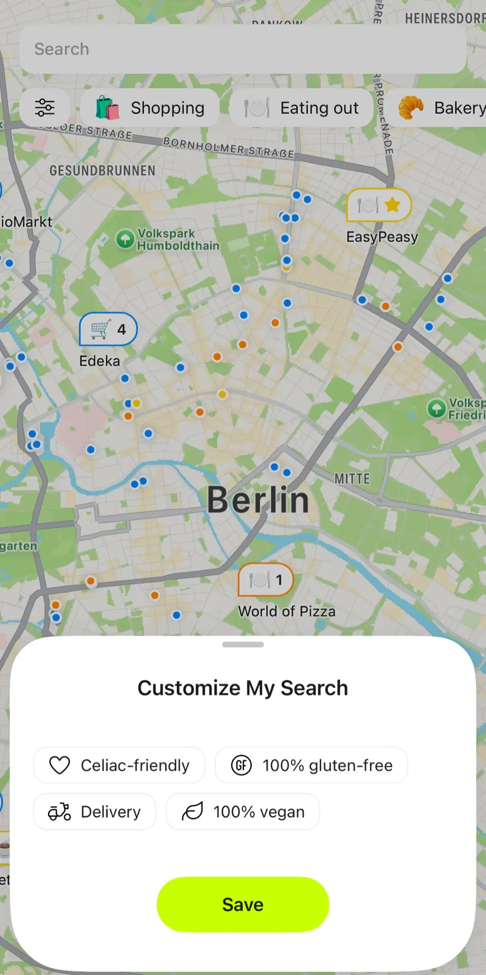 FoodQuest map of Berlin with search filters for celiac-friendly and 100% gluten-free places