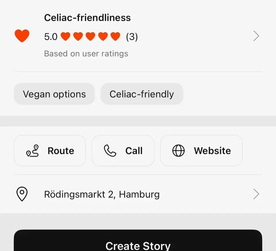 FoodQuest place page with a 5.0 celiac-friendliness rating based on member reviews